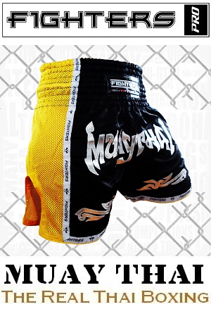 FIGHTERS - Pantalones Muay Thai / Elite Muay Thai / Negro-Amarillo / XL