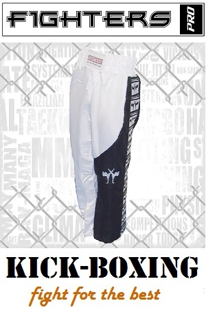 FIGHTERS - Pantalones de Kickboxing / Satín / Blanco-Negro / XL